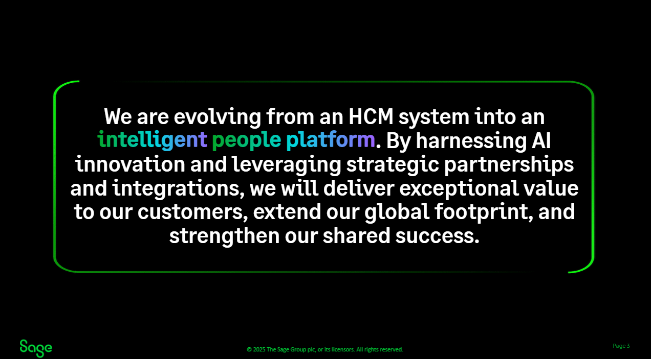 Sage People FY25 product roadmap, slide 3 of 11:intelligent people platform.